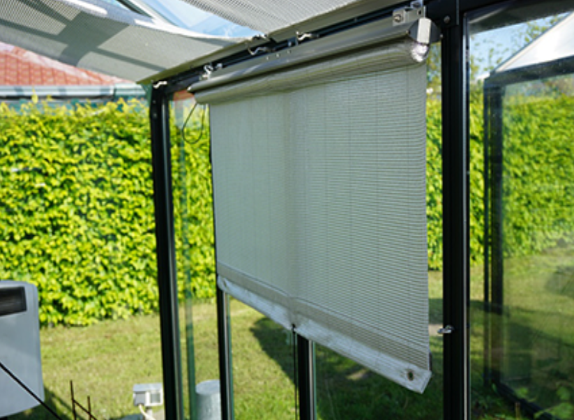 An Exaco side wall retractable roll-up shade partially extended inside a greenhouse, showing its mounting and the view to a green lawn and hedge outside.