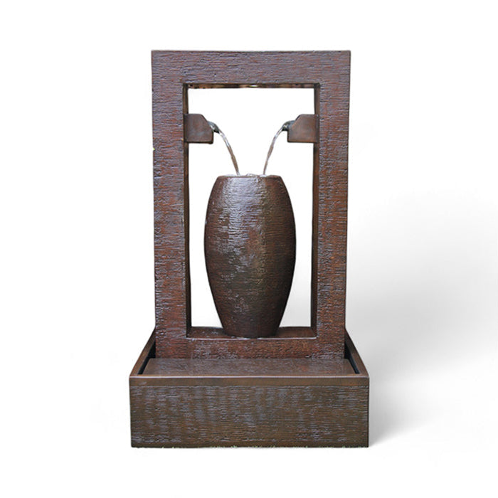 A close-up studio shot of the Exaco Trevi Fountain, showcasing its elegant dark brown, textured finish, with two streams of water flowing into a central urn-shaped basin, ideal for outdoor patio or garden decor.