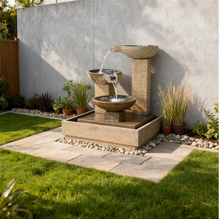 Exaco Trio Bowl outdoor water fountain with cascading tiers set on a modern patio against a privacy wall and landscaped garden