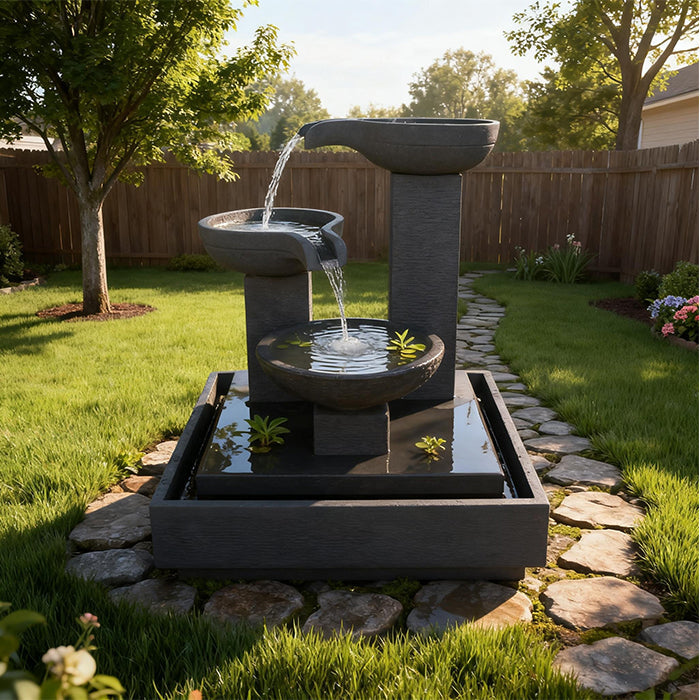 Exaco Trio Bowl tiered outdoor fountain with flowing water streams displayed in a landscaped backyard with lawn and stone pathway