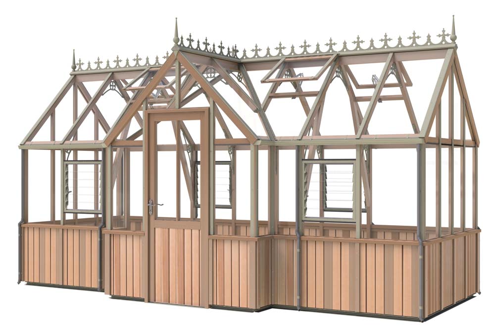 Angled view of the Alton cedar structure 7x16 Durham greenhouse, featuring its extended length and elegant Victorian architecture.