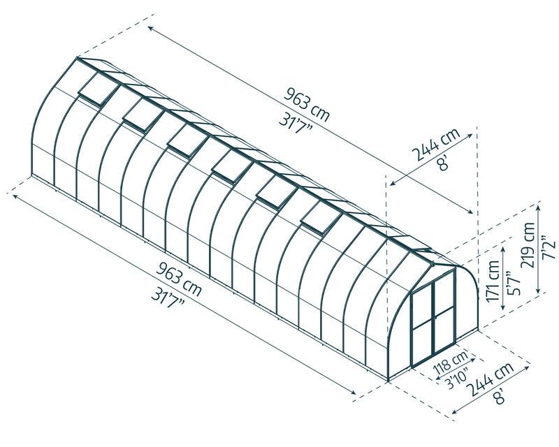 Diagram showing the extensive dimensions of the Canopia Bella 8' x 32' Greenhouse