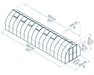 Diagram showing the extensive dimensions of the Canopia Bella 8' x 32' Greenhouse