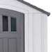 Detailed view of the exterior corner and roofing of the Lifetime 8x10 Shed, highlighting its construction quality.