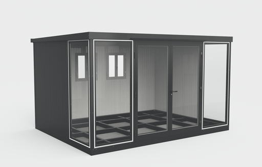 Exterior side view of the Duramax 13x10 glass insulated building with glass and solid walls.