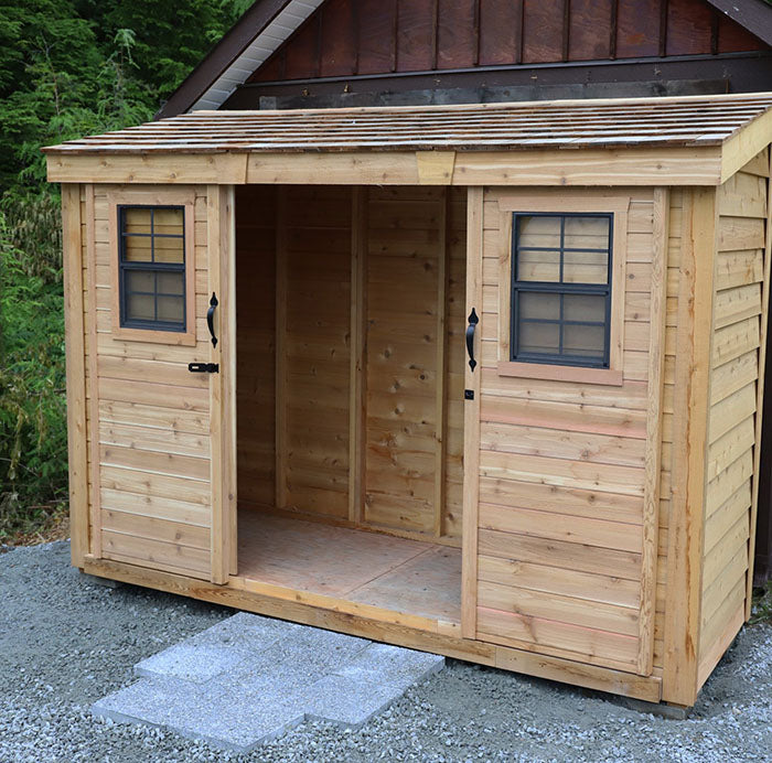 Outdoor Living Today Spacesaver Shed 12x4 with both sliding doors open to reveal the spacious interior