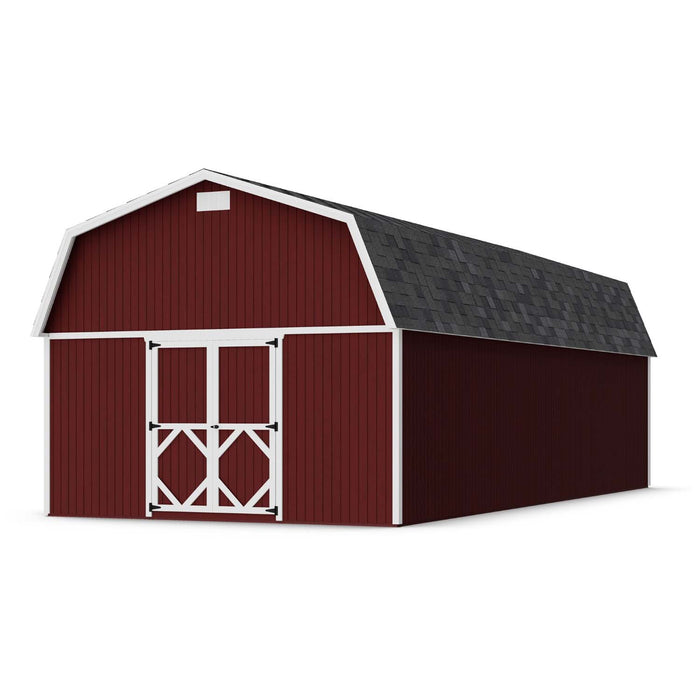 Extra-large 14x32 Classic Gambrel Large Barn from Little Cottage Co., finished in red with white doors and trim, offering spacious and stylish outdoor storage.