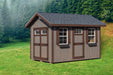 Outdoor garden shed with brown trim and double doors, part of Ez-Fit Kits Riverside series, set on a grassy area with forest background