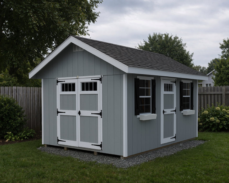 Gray Ez-Fit Kits Riverside Outdoor Garden Shed with white double doors, single door, black-shuttered windows, flower boxes, and shingled gable roof