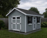 Gray Ez-Fit Kits Riverside Outdoor Garden Shed with white double doors, single door, black-shuttered windows, flower boxes, and shingled gable roof