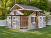 Exploded view of Ez-Fit Kits Riverside Outdoor Garden Shed showing separated wall panels, doors, windows, and roof for easy DIY kit assembly