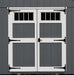 Skyview Shed Kit white double doors with transom windows, black T-hinges, and decorative latch against gray Ez-Fit Kits board-and-batten siding