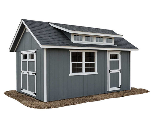 Ez-Fit Skyview Shed Kit gray gable storage shed with transom windows, white trim, carriage-style doors, and durable shingle roof.