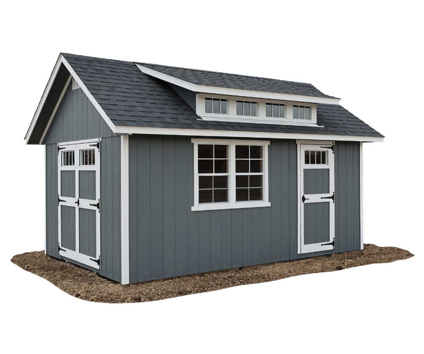Ez-Fit Skyview Shed Kit gray gable storage shed with transom windows, white trim, carriage-style doors, and durable shingle roof.