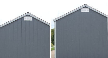 Ez-Fit Skyview Shed Kit showing optional taller wall height with gray LP SmartSide panels and gable vent detail for added storage space.