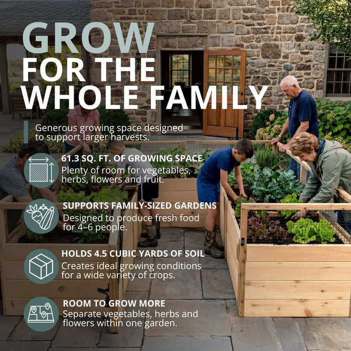 Three generations tend leafy greens and herbs in an Outdoor Living Today Garden in a Box with Birdnetting Cover, sized for family-scale harvests.