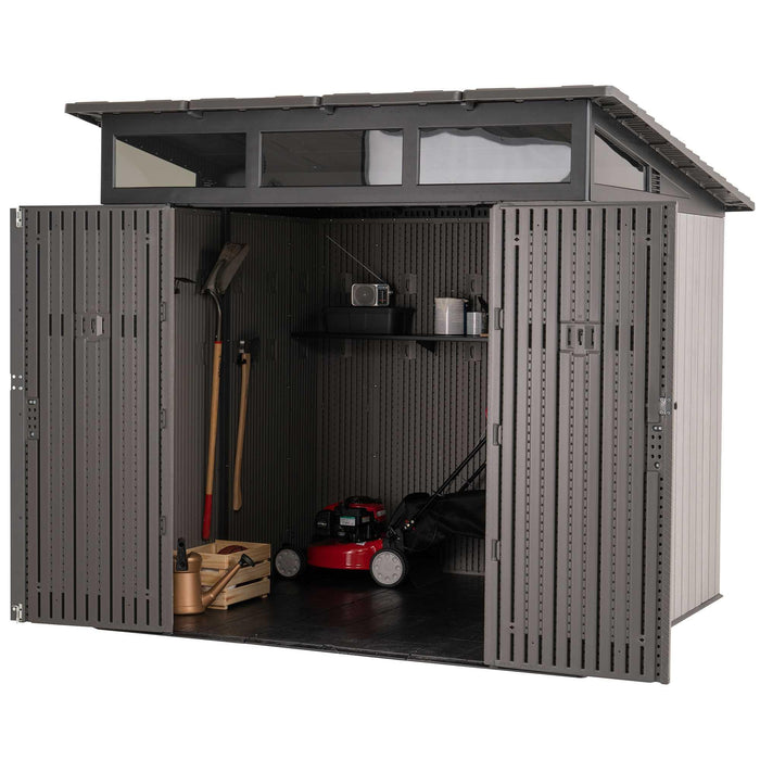 Lifetime Farmhouse Shed 60542 with double doors open wide, revealing interior with garden tools, shelving, red lawn mower, and watering can on white background