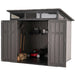 Lifetime Farmhouse Shed 60542 with double doors open wide, revealing interior with garden tools, shelving, red lawn mower, and watering can on white background