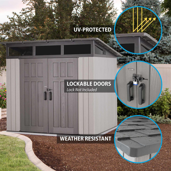 Lifetime 8.3x8.3 Farmhouse Shed 60542 featuring UV-protected roof, lockable double doors with hasp hardware, and weather-resistant exterior with detail callouts