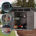 Open interior view of the Lifetime 60542 Farmhouse Shed showing screened vents, all-purpose wall hooks with garden tools, shelving, and lawn mower storage