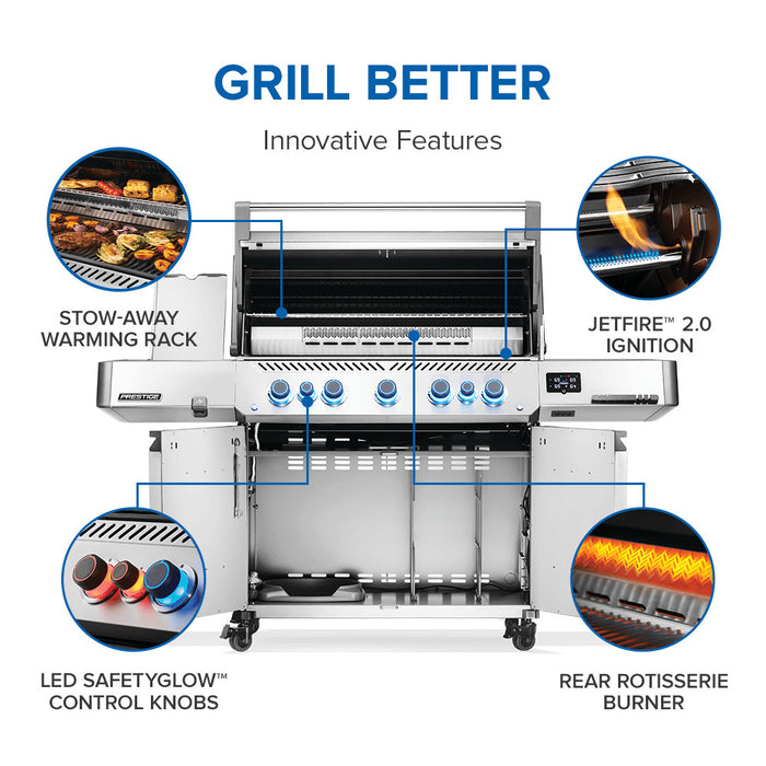 Feature breakdown of Napoleon Grills Prestige® 665 RSIB including burners, rack, and ignition