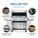 Feature breakdown of Napoleon Grills Prestige® 665 RSIB including burners, rack, and ignition