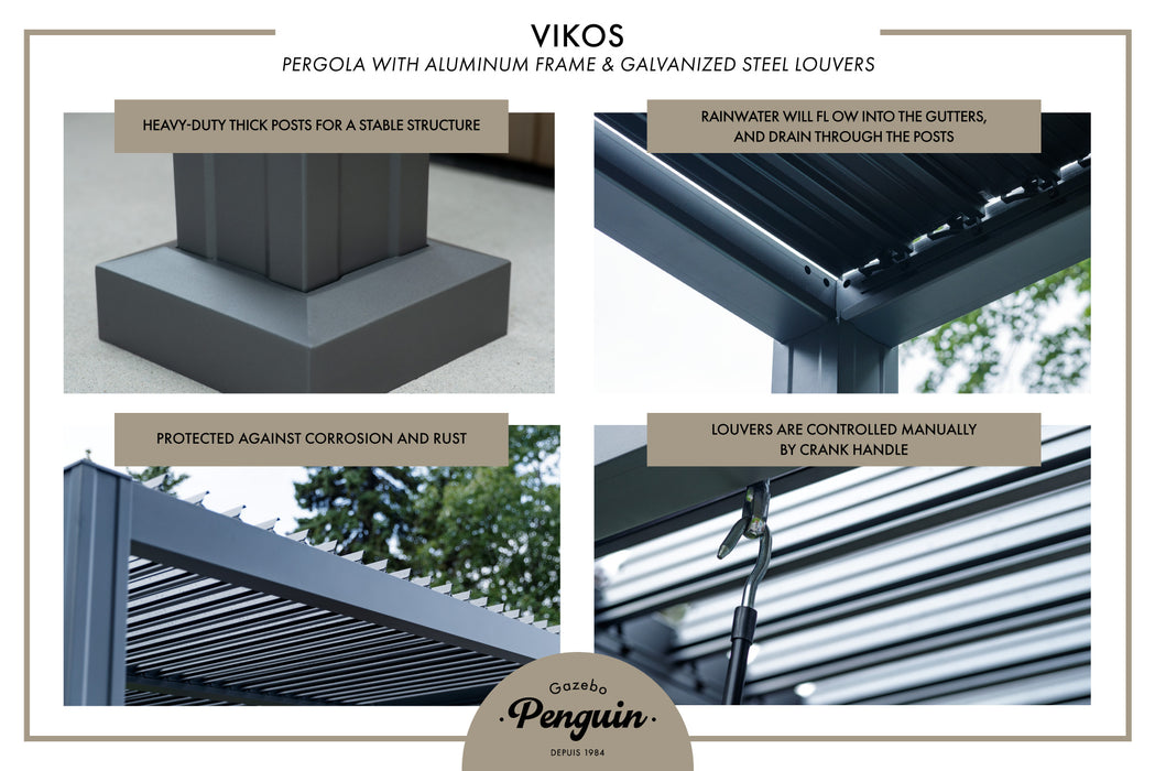 The marketing image emphasizes the Vikos Aluminum Stand Alone Pergola's main selling points including heavy-duty thick posts for a stable structure, rainwater management, protection against corrosion and rust, and louver control by a crank handle.
