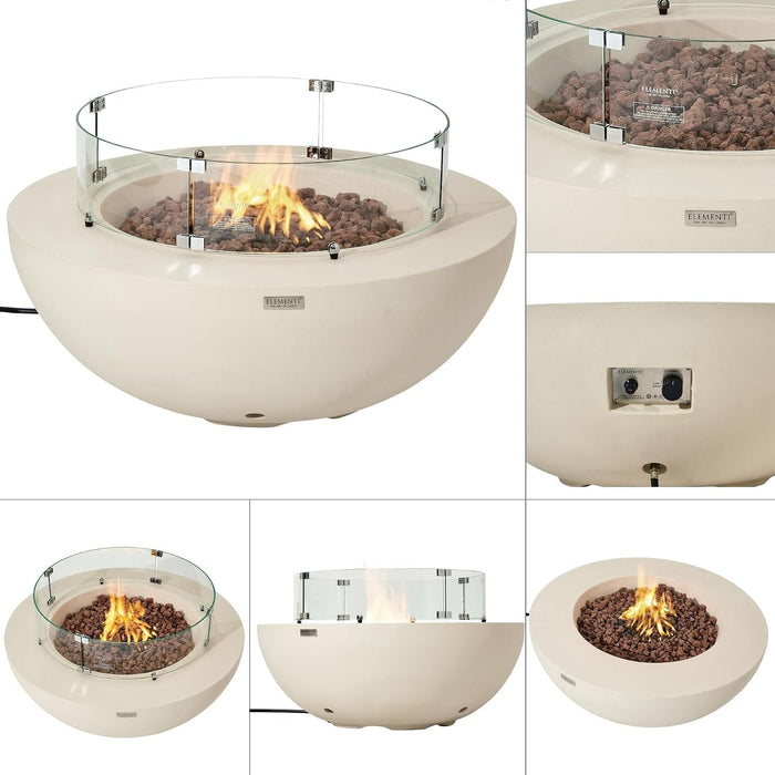 Multi-angle detail collage of the cream white fire table burning bright orange flames through lava rock behind a round tempered glass wind guard, alongside close-ups of the gas control knob, ignition switch, and burner assembly on this Elementi Lunar Bowl model.