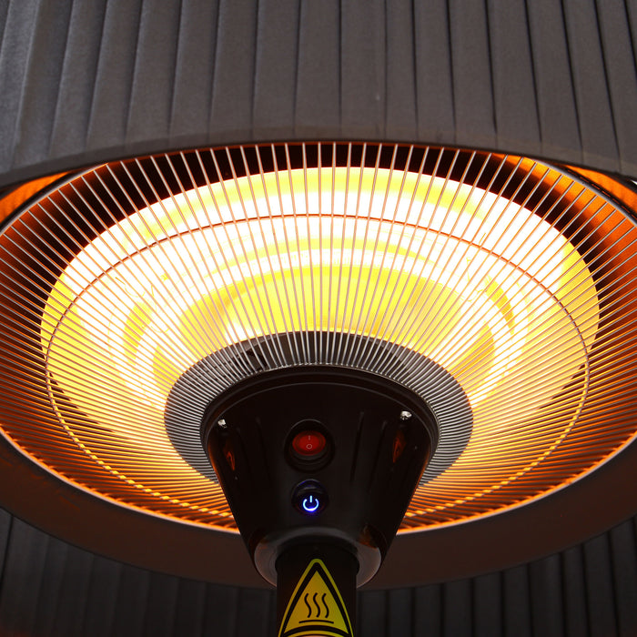 An aerial view of the electric heater's top shows the orange heating element and the interior of the lampshade, focusing on the heater's functionality.