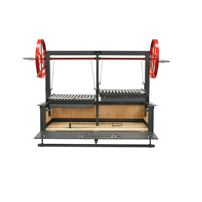 Close-up of the red flywheels on the Sunterra 48in Santa Maria BBQ Grill, highlighting the adjustable cooking surface for ultimate grilling control.