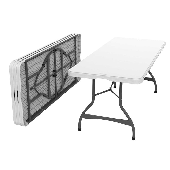 Lifetime 4 Pack 6-Foot Rectangle Nesting Table shown folded and fully set up with steel frame