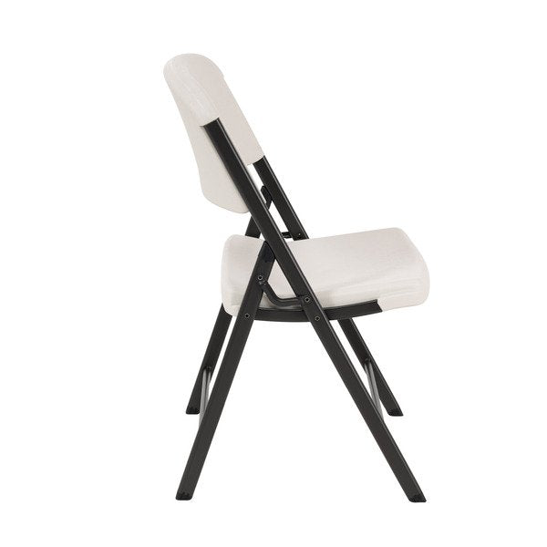 Side profile studio shot of a Lifetime folding chair showing the contoured seat and back.