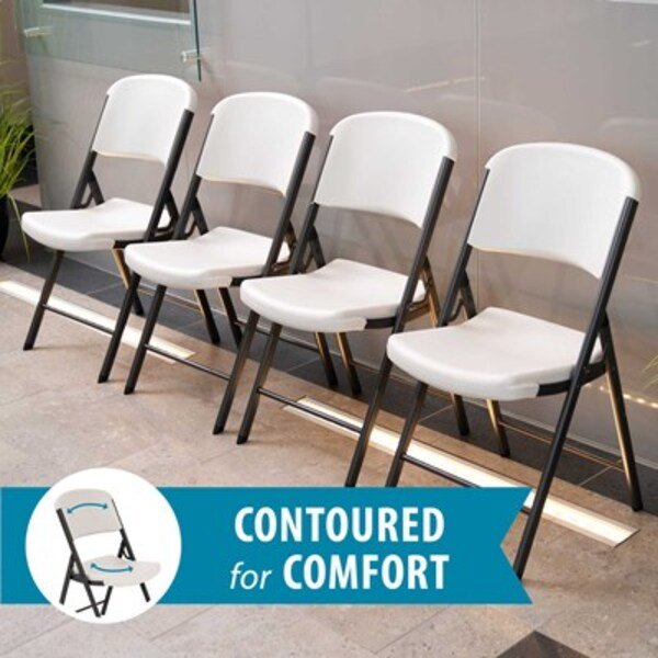 Row of Lifetime folding chairs with a contoured for comfort callout graphic.