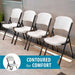 Row of Lifetime folding chairs with a contoured for comfort callout graphic.