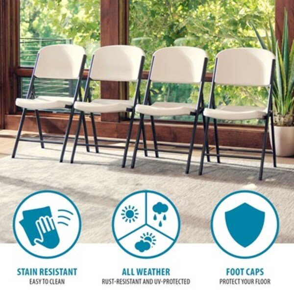 Row of Lifetime folding chairs with feature callouts: stain resistant, all-weather, and foot caps.