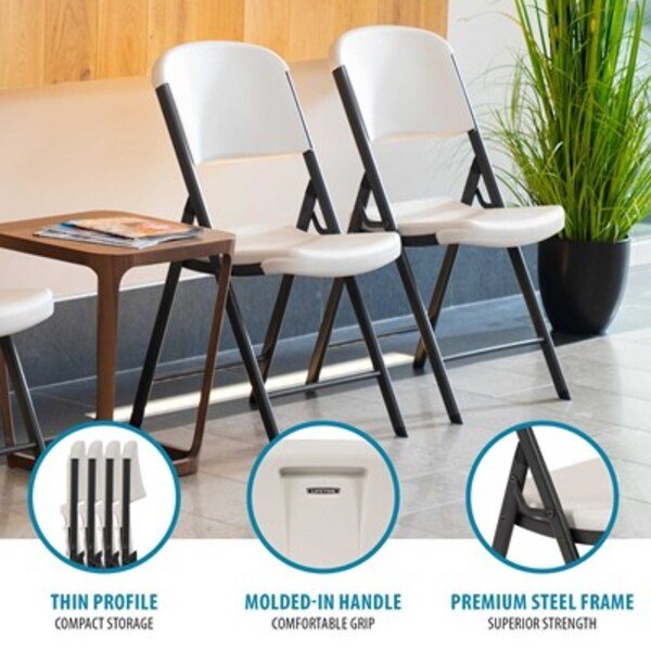 Lifetime folding chairs with feature callouts: thin profile, molded-in handle, and premium steel frame.