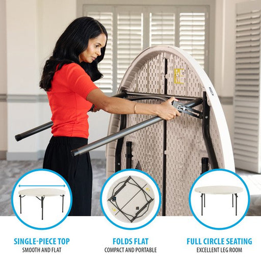 Woman folding a Lifetime round table with feature callouts: single-piece top, folds flat, and full circle seating.