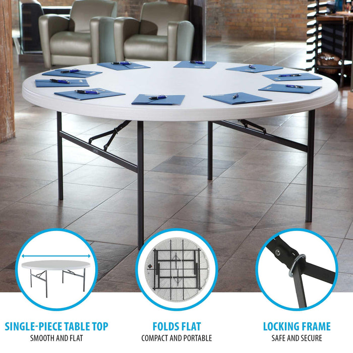 Lifetime 4 Pack 72in Round Table with single piece top, folding frame, and secure locking mechanism