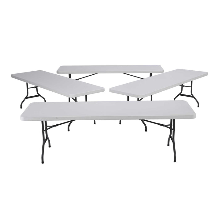 Four Lifetime 4 Pack 8-Foot Rectangle Folding Tables arranged together showing full set display