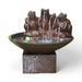 Frogs in the Pond Fountain, showing four frogs with water streams coming from their mouths, set in a dark brown, round basin with water and a couple of floating leaves. The fountain rests on a square pedestal.