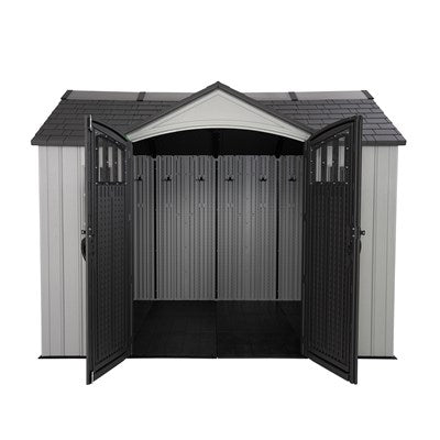 Front view of the Lifetime Shed Classic 10 x 8 with the double doors open, showcasing the interior space.