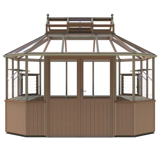 An octagonal greenhouse, the Alton Cedar Structure Evolution model 8981 by Alton Cedar Structure, is crafted from wood and boasts multiple glass panels, a peaked roof, a central door, and additional ventilation openings.