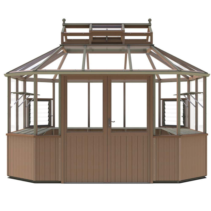 An octagonal greenhouse, the Alton Cedar Structure Evolution model 8981 by Alton Cedar Structure, is crafted from wood and boasts multiple glass panels, a peaked roof, a central door, and additional ventilation openings.