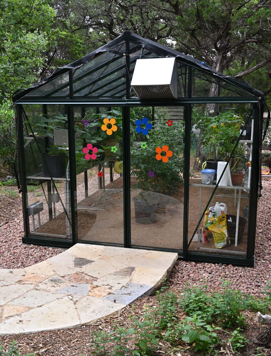Front entrance of Royal Victorian VI 34 Greenhouse featuring glass doors with colorful flower decals, stone walkway, and surrounding greenery.