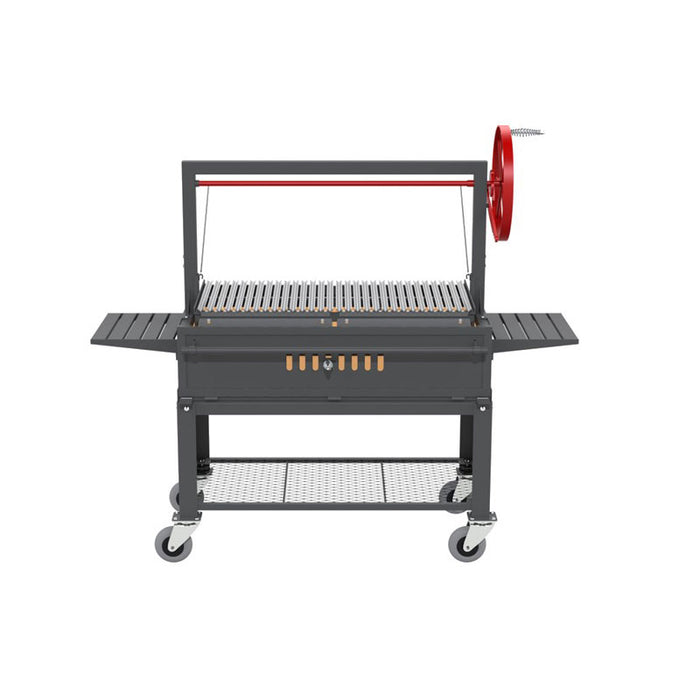 Front view of the Sunterra Outdoor Santa Maria BBQ Grill with Cart, highlighting the dual grilling sections and side shelves for additional workspace.