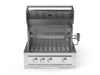 Front view of NewAge Outdoor Kitchen Platinum Grill 33-inch, open lid with rotisserie kit and stainless steel cooking grates for premium outdoor grilling.