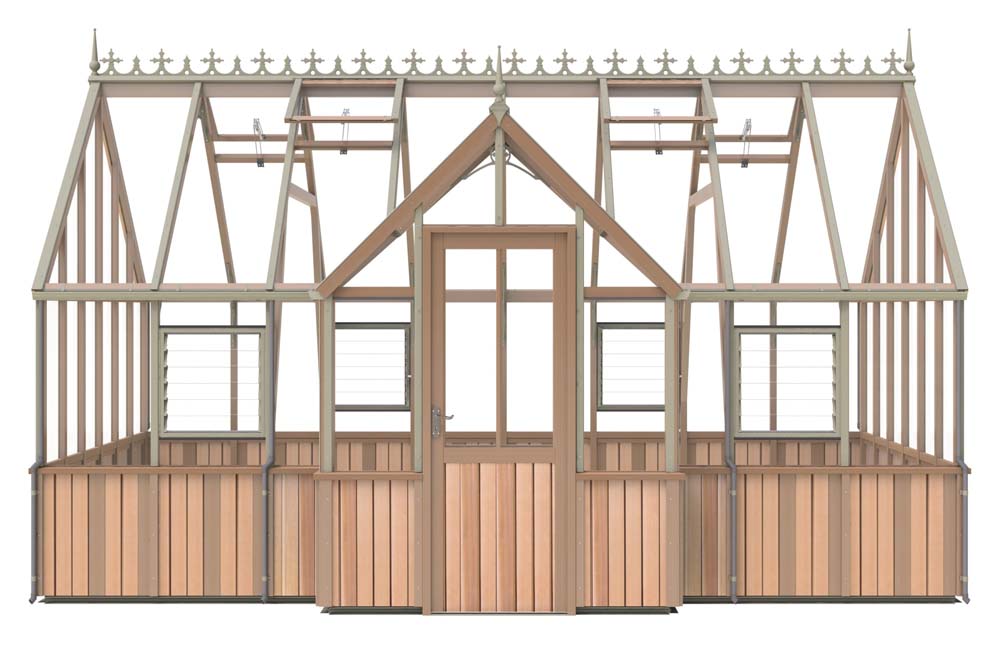 Front view of the Alton Cambridge 9x16 Greenhouse, featuring a central doorway and elegant rooftop details.