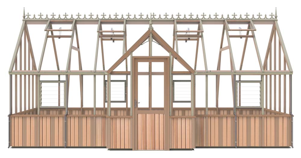 Front view of the 9x20 Alton Cambridge Greenhouse, highlighting its central doorway and symmetrical framework.