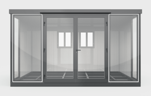 Front view of the Duramax 13x10 glass insulated building with doors closed.