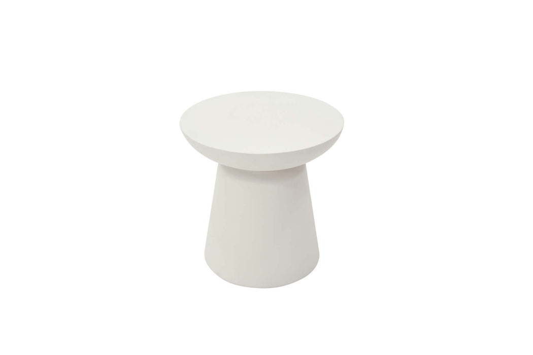 Front view of Elementi Kylix Series large side table in cream white, showcasing its unique rounded top and conical base.